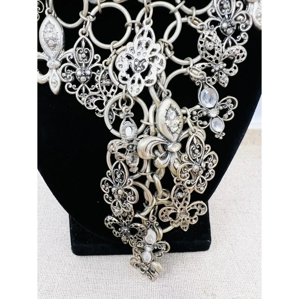 Unica Silver Tone Fleur De Lis Crystal Statement Bib Necklace Gothic Filigree